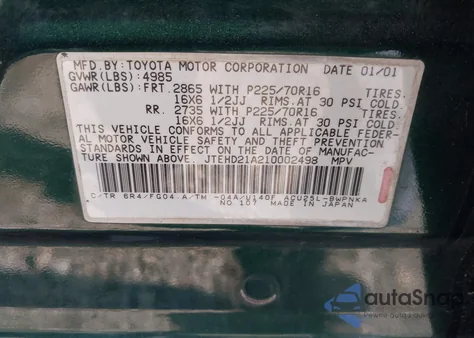 2001 Toyota Highlander из США, поврежденный, VIN JTEHD21A210002498